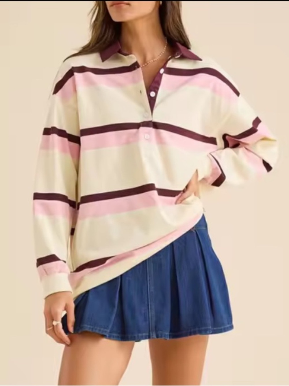 Altar’d State Striped Rugby Polo Medium Oversized Cream Pink Plum Purple NWT